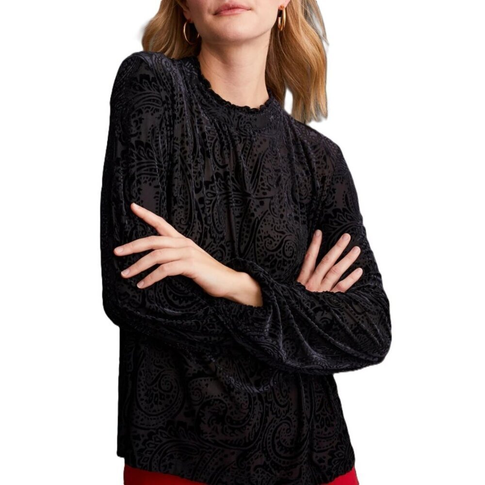 Tribal Black Burn Out Paisley Top High Neck Long Sleeve Women's Size S